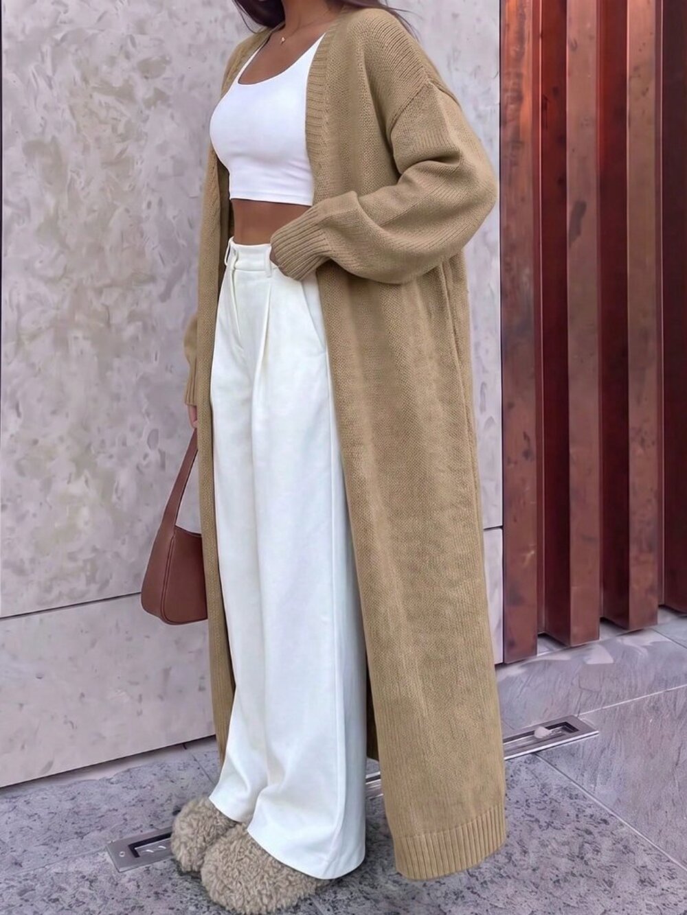 Khaki Casual Women's Rib-Knit Loose Long Cardigan